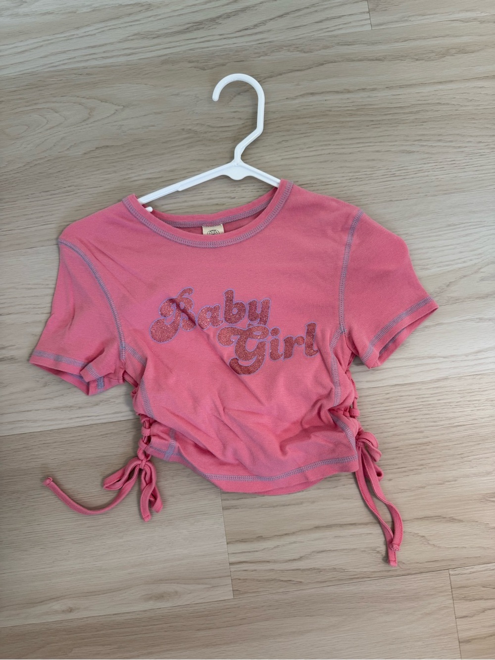 Urban Outfitters Pink Ruched Side Crop Tee - "Baby Girl" Glitter